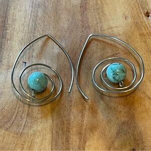 Silver Metal Spiral Earrings with  Faux Turquoise Accents